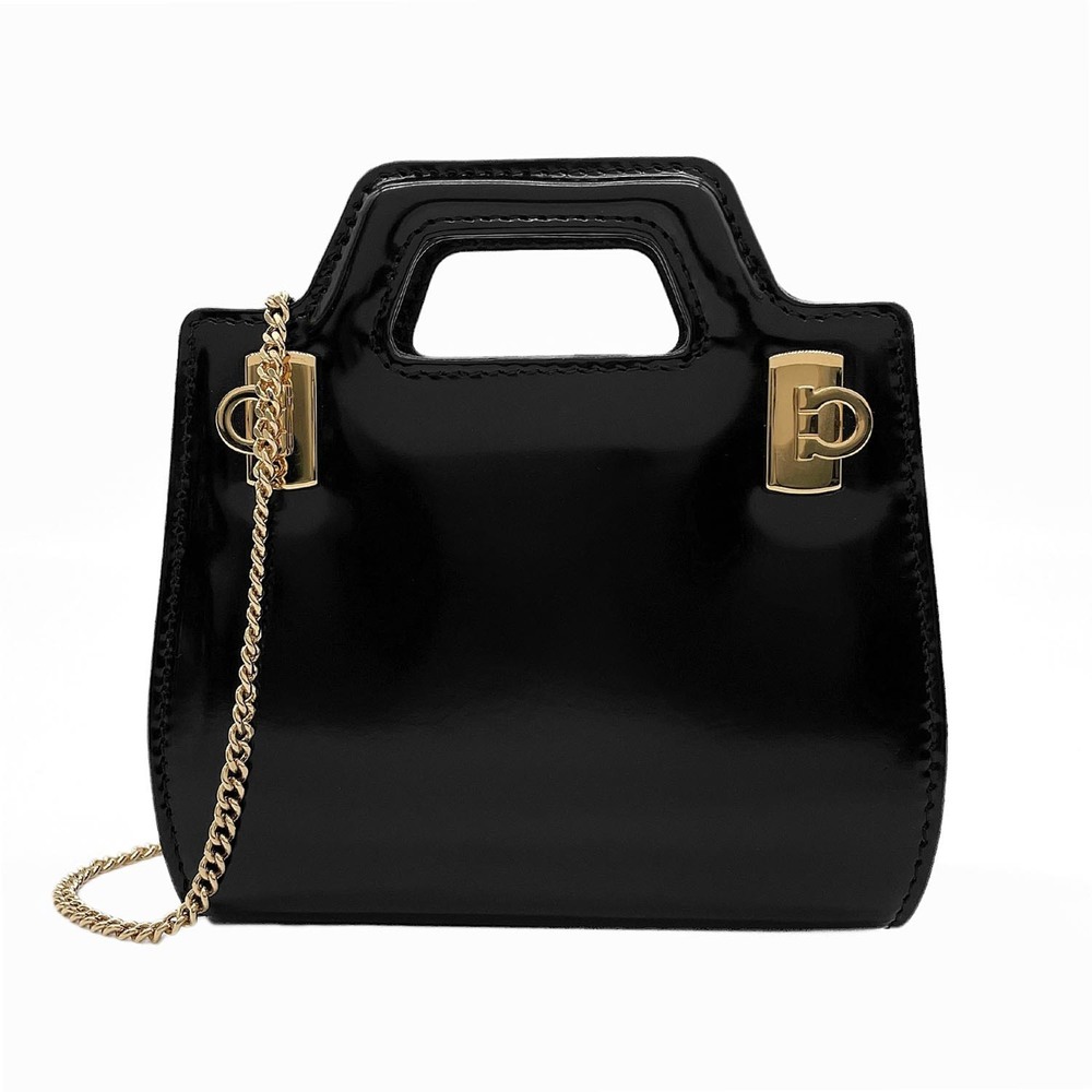 Salvatore Ferragamo Black Patent Leather Top-Handle mini Bag with Gold Chain